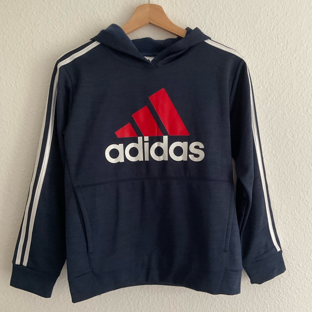 Adidas Youth Boy's Navy Blue Fleece-lined Tech Hoodie Size M (10/12) 3 Stripes